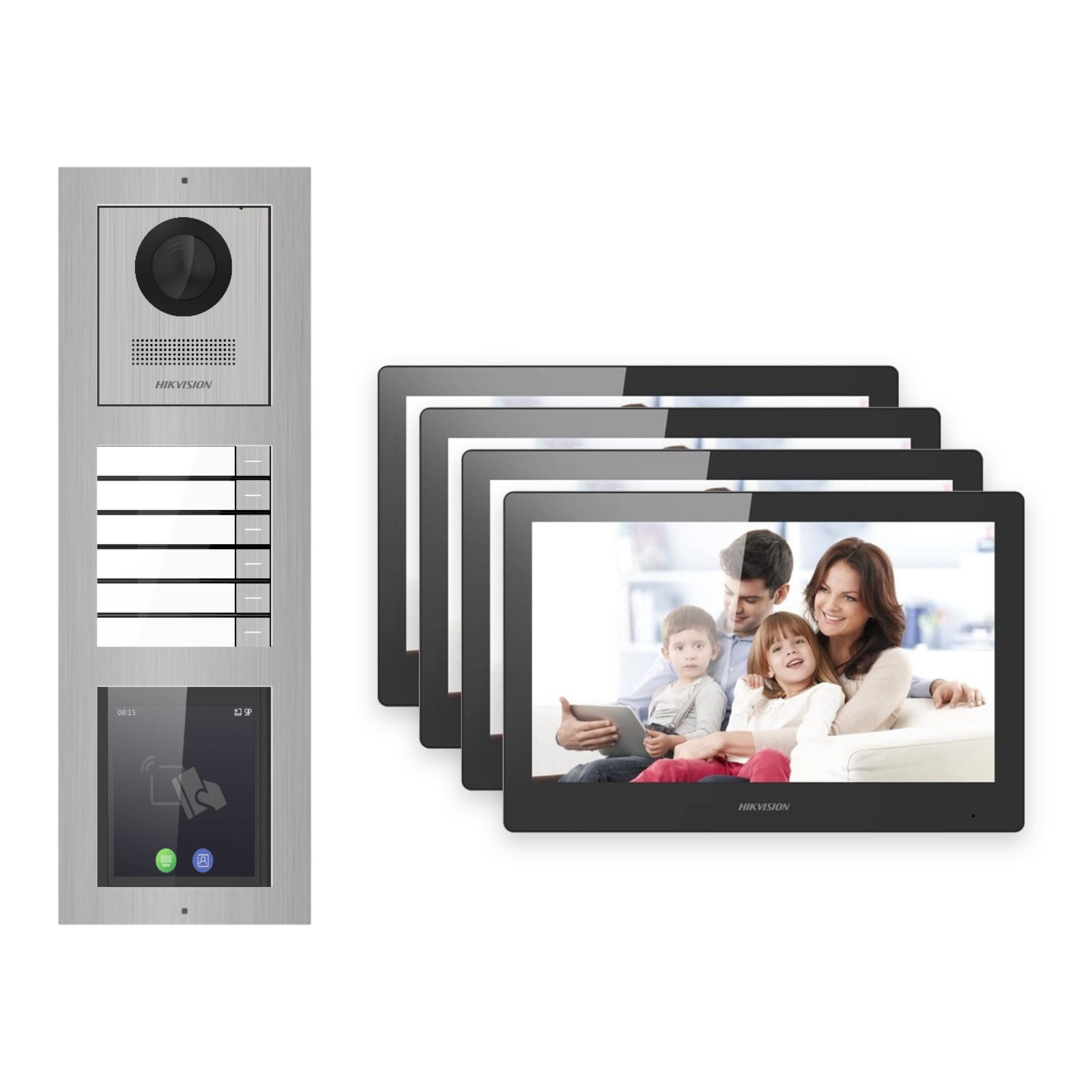 Hikvision PoE Video-Türsprechanlage 4-Familienhaus – Komplett-Set mit Touch-Display, DS-KH8520-WTE1, Aufputz Hikvision PoE Video-Türsprechanlage 4-Familienhaus – Komplett-Set mit Touch-Display, DS-KH8520-WTE1, Aufputz – Türstation und Innenstation