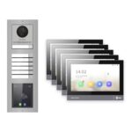 IP-PoE Video-Türsprechanlage Set · 3-Modul Aufputz Edelstahl · Klingel + Touch-Display · 5× Monitor – Türstation, Innenstation und Smartphone-App