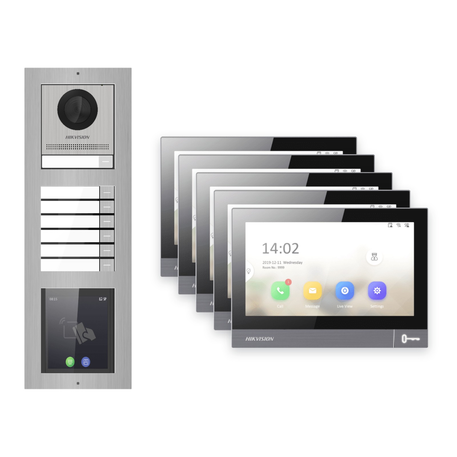 IP-PoE Video-Türsprechanlage Set · 3-Modul Aufputz Edelstahl · Klingel + Touch-Display · 5× Monitor – Türstation, Innenstation und Smartphone-App