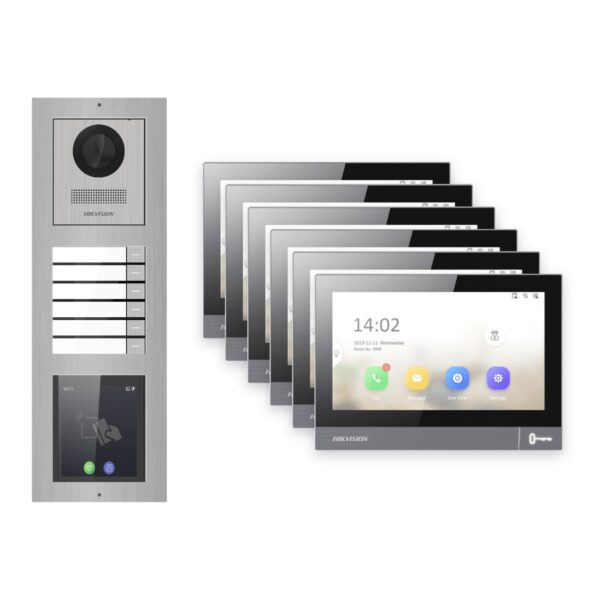 Hikvision PoE Video-Türsprechanlage 6-Familienhaus – Komplett-Set mit Touch-Display, DS-KH8381-WTE1, Aufputz – Türstation und Innenstation