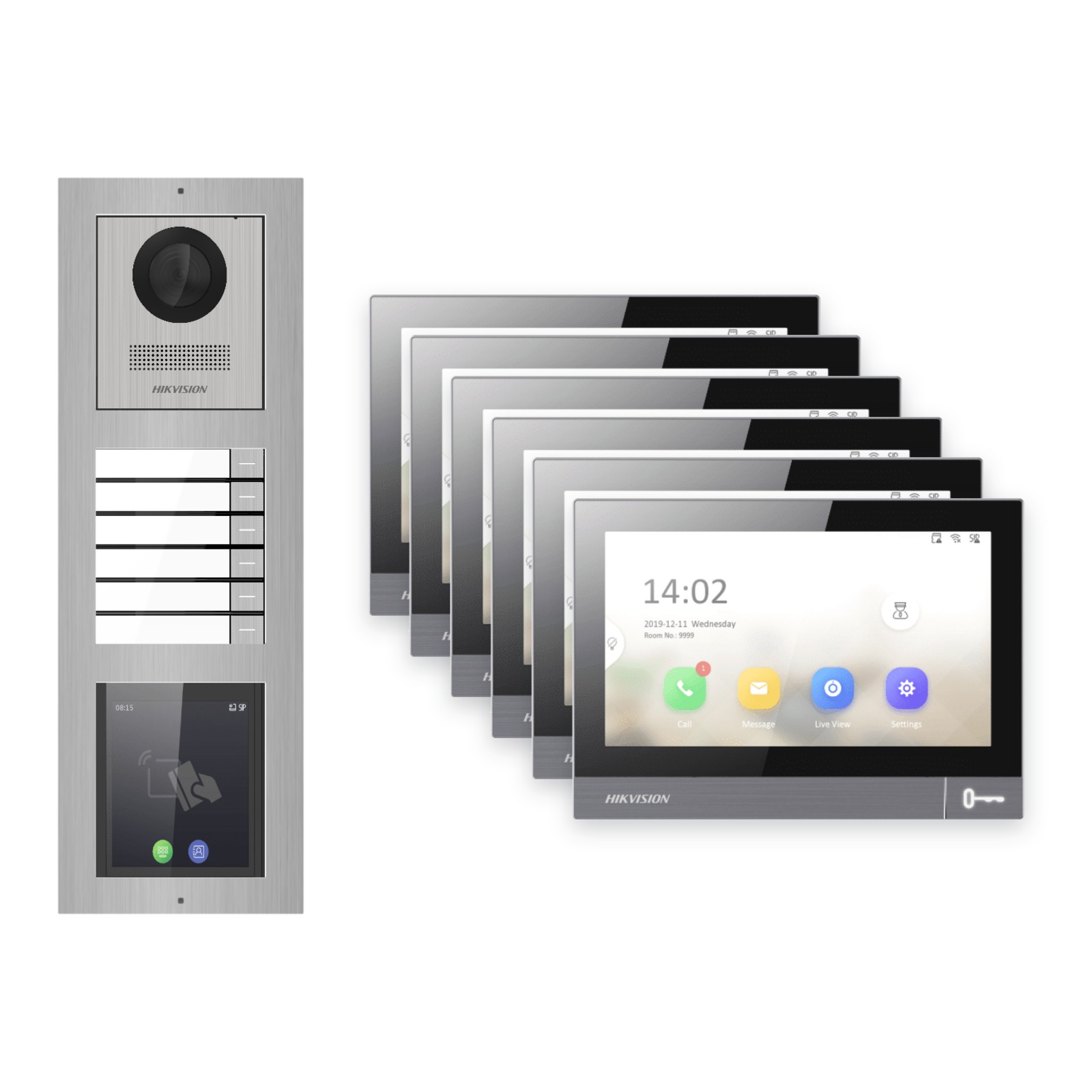 Hikvision PoE Video-Türsprechanlage 6-Familienhaus – Komplett-Set mit Touch-Display, DS-KH8381-WTE1, Aufputz – Türstation und Innenstation