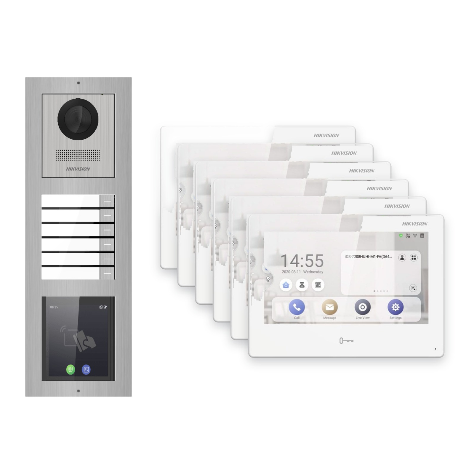 Hikvision PoE Video-Türsprechanlage 6-Familienhaus – Komplett-Set mit Touch-Display, DS-KH9310-WTE1(B), Aufputz Hikvision PoE Video-Türsprechanlage 6-Familienhaus – Komplett-Set mit Touch-Display, DS-KH9310-WTE1(B), Aufputz – Türstation und Innenstation