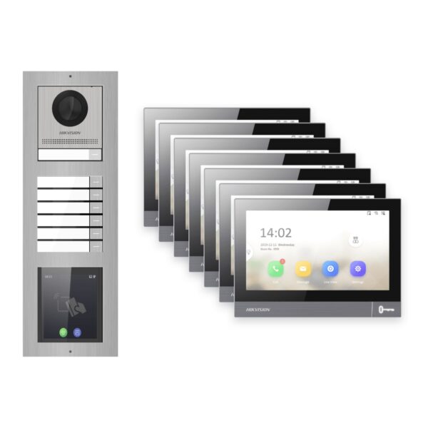 Hikvision PoE Video-Türsprechanlage 7-Familienhaus – Komplett-Set mit Touch-Display, DS-KH8381-WTE1, Aufputz – Türstation und Innenstation