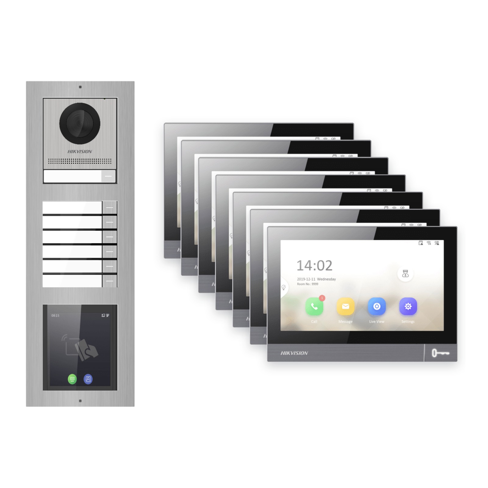 Hikvision PoE Video-Türsprechanlage 7-Familienhaus – Komplett-Set mit Touch-Display, DS-KH8381-WTE1, Aufputz – Türstation und Innenstation