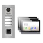 Hikvision PoE Video-Türsprechanlage 3-Familienhaus – Komplett-Set mit Fingerprint, DS-KH8381-WTE1, Unterputz – Türstation und Innenstation