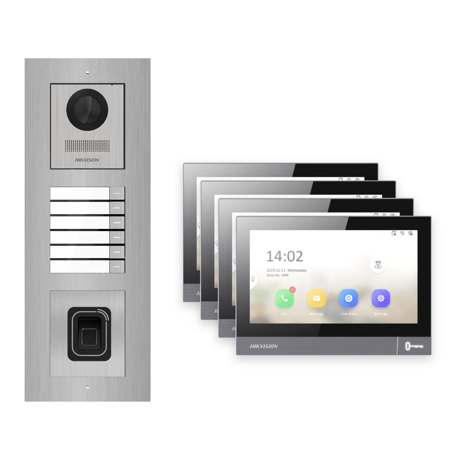 Hikvision PoE Video-Türsprechanlage 4-Familienhaus – Komplett-Set mit Fingerprint, DS-KH8381-WTE1, Unterputz Hikvision PoE Video-Türsprechanlage 4-Familienhaus – Komplett-Set mit Fingerprint, DS-KH8381-WTE1, Unterputz – Türstation und Innenstation