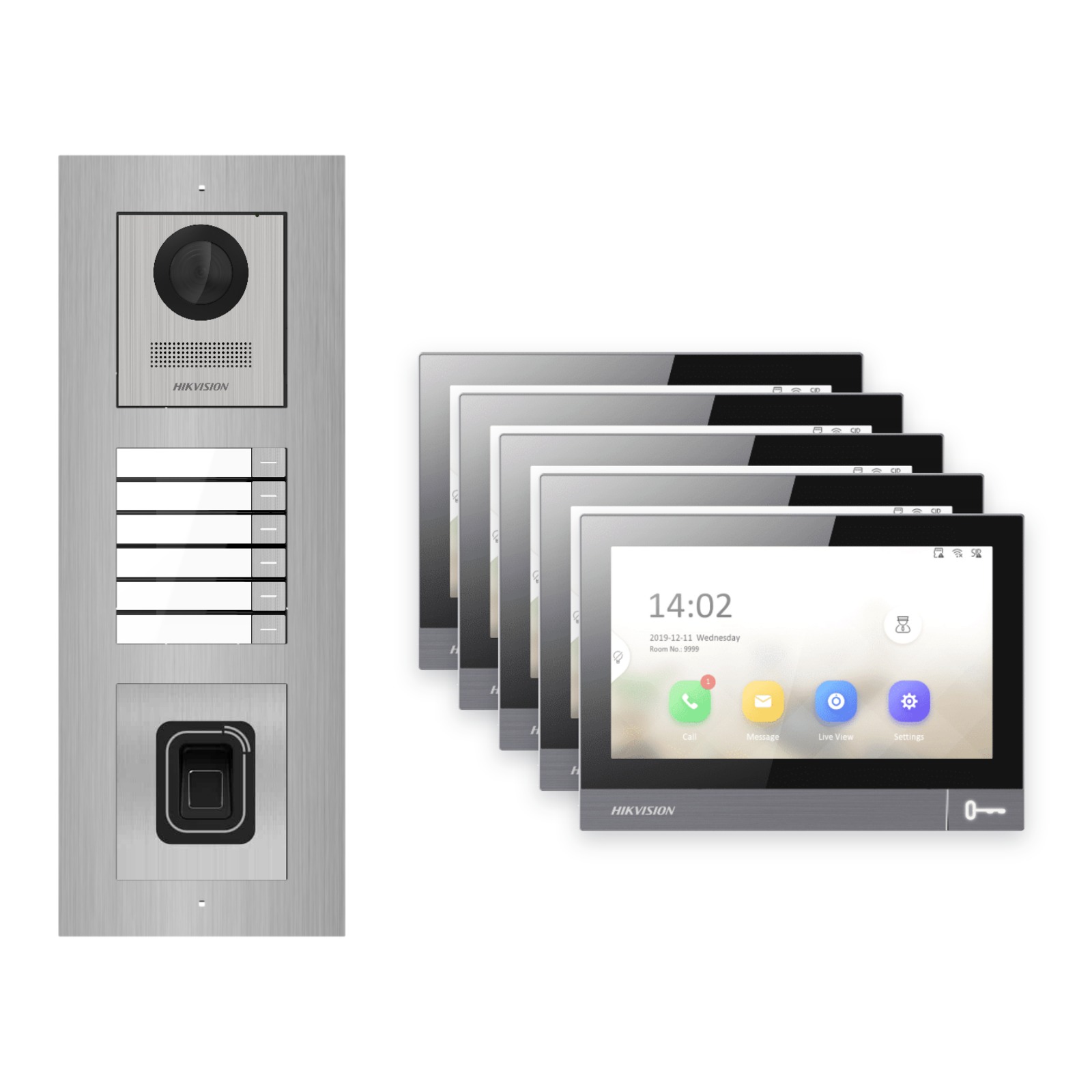 Hikvision PoE Video-Türsprechanlage 5-Familienhaus – Komplett-Set mit Fingerprint, DS-KH8381-WTE1, Unterputz Hikvision PoE Video-Türsprechanlage 5-Familienhaus – Komplett-Set mit Fingerprint, DS-KH8381-WTE1, Unterputz – Türstation und Innenstation