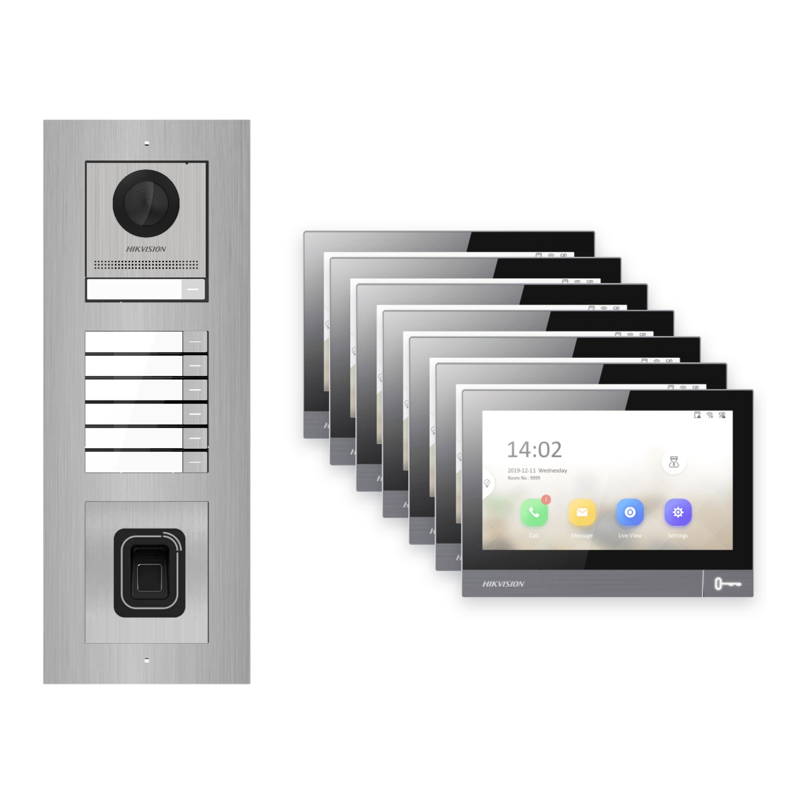 Hikvision PoE Video-Türsprechanlage 7-Familienhaus – Komplett-Set mit Fingerprint, DS-KH8381-WTE1, Unterputz Hikvision PoE Video-Türsprechanlage 7-Familienhaus – Komplett-Set mit Fingerprint, DS-KH8381-WTE1, Unterputz – Türstation und Innenstation