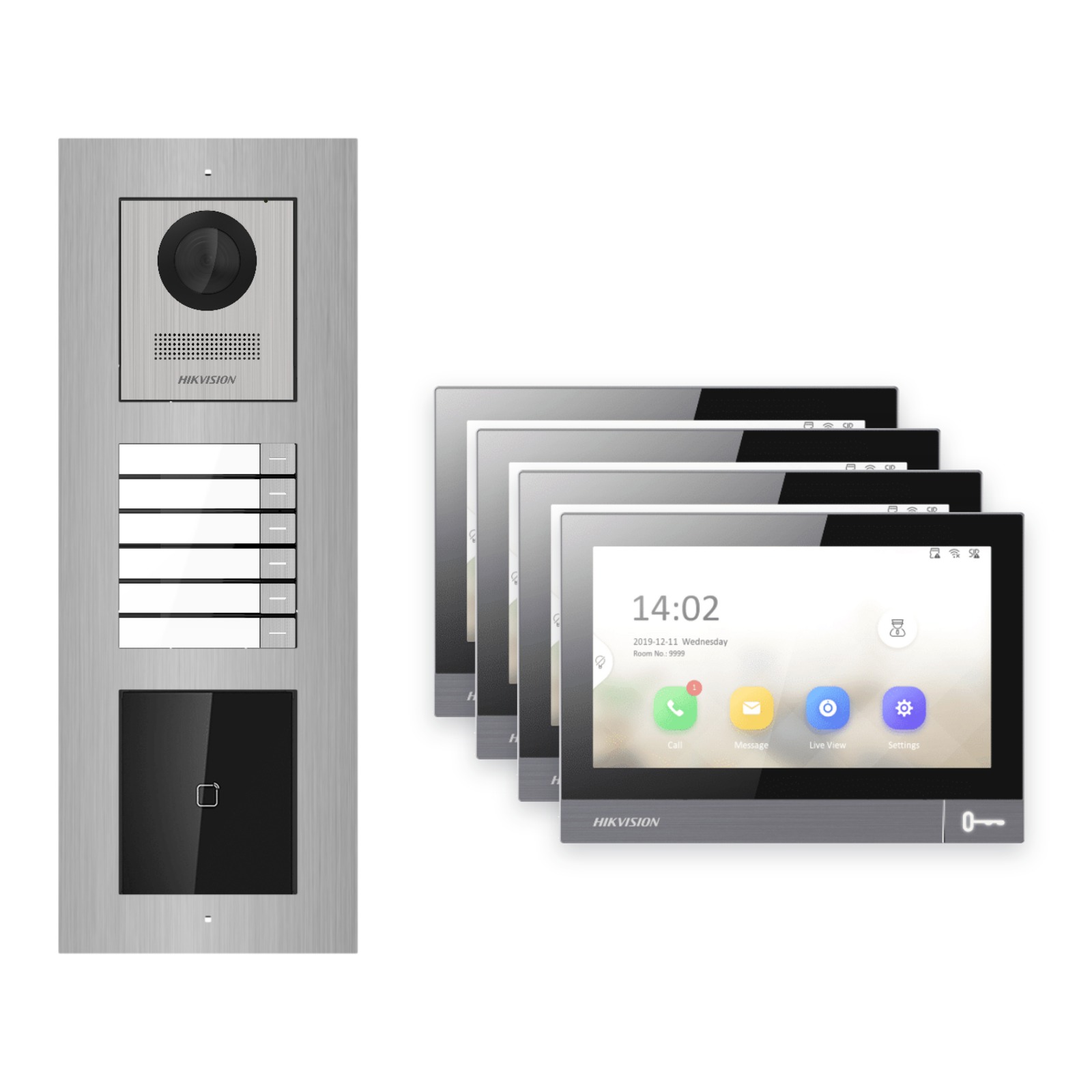 Hikvision PoE Video-Türsprechanlage 4-Familienhaus – Komplett-Set mit Kartenleser, DS-KH8381-WTE1, Unterputz Hikvision PoE Video-Türsprechanlage 4-Familienhaus – Komplett-Set mit Kartenleser, DS-KH8381-WTE1, Unterputz – Türstation und Innenstation