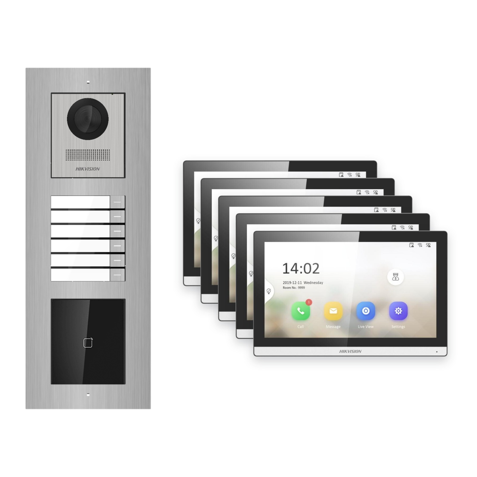 Hikvision PoE Video-Türsprechanlage 5-Familienhaus – Komplett-Set mit Kartenleser, DS-KH6350-WTE1, Unterputz Hikvision PoE Video-Türsprechanlage 5-Familienhaus – Komplett-Set mit Kartenleser, DS-KH6350-WTE1, Unterputz – Türstation und Innenstation