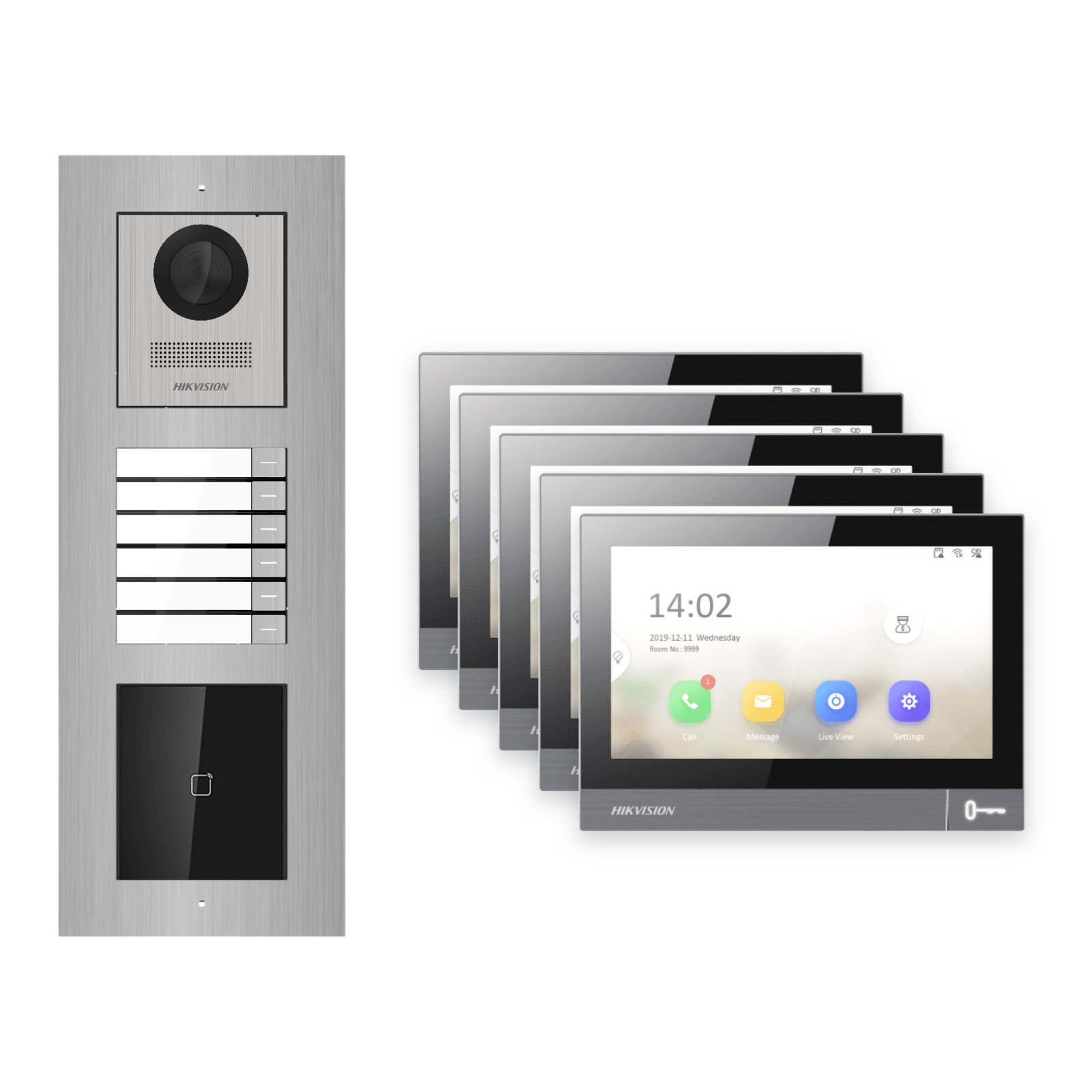 Hikvision PoE Video-Türsprechanlage 5-Familienhaus – Komplett-Set mit Kartenleser, DS-KH8381-WTE1, Unterputz Hikvision PoE Video-Türsprechanlage 5-Familienhaus – Komplett-Set mit Kartenleser, DS-KH8381-WTE1, Unterputz – Türstation und Innenstation