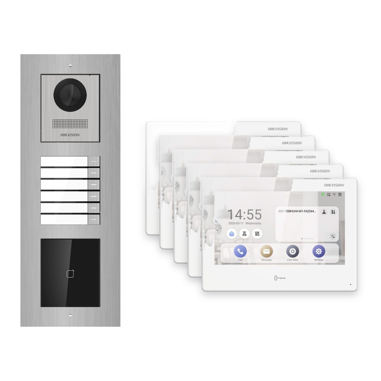 Hikvision PoE Video-Türsprechanlage 5-Familienhaus – Komplett-Set mit Kartenleser, DS-KH9310-WTE1(B), Unterputz Hikvision PoE Video-Türsprechanlage 5-Familienhaus – Komplett-Set mit Kartenleser, DS-KH9310-WTE1(B), Unterputz – Türstation und Innenstation
