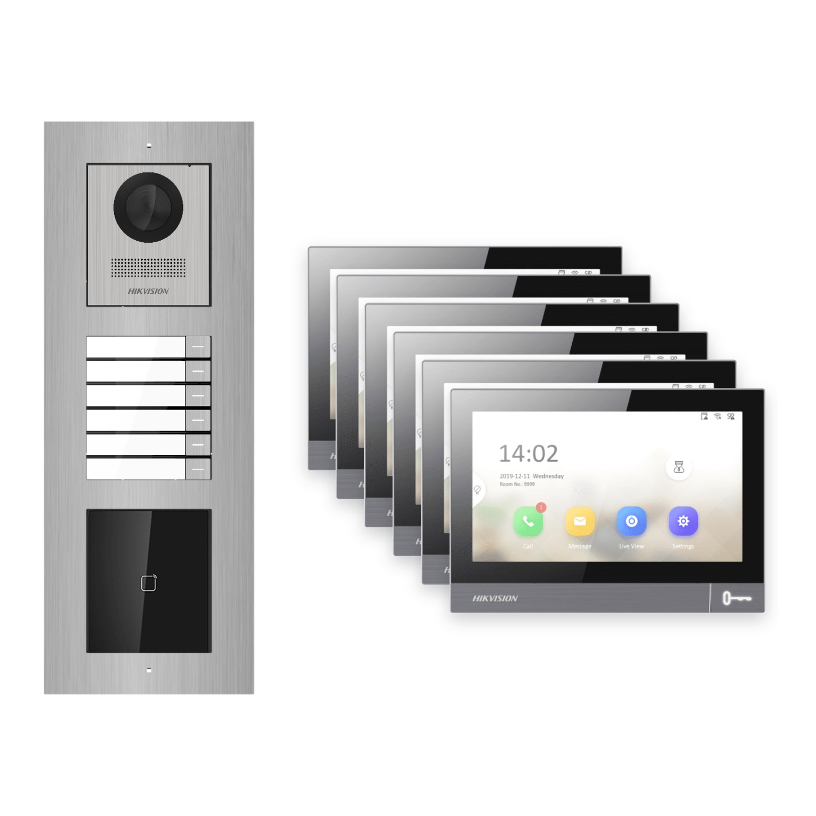 Hikvision PoE Video-Türsprechanlage 6-Familienhaus – Komplett-Set mit Kartenleser, DS-KH8381-WTE1, Unterputz Hikvision PoE Video-Türsprechanlage 6-Familienhaus – Komplett-Set mit Kartenleser, DS-KH8381-WTE1, Unterputz – Türstation und Innenstation