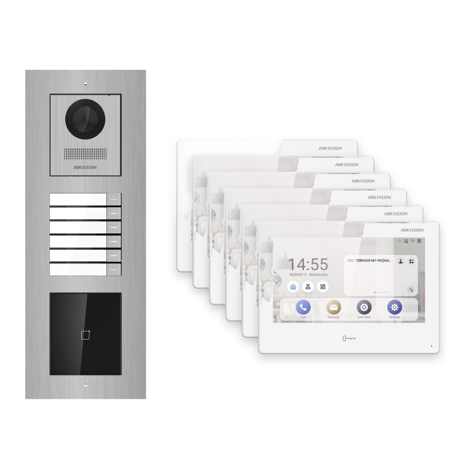 Hikvision PoE Video-Türsprechanlage 6-Familienhaus – Komplett-Set mit Kartenleser, DS-KH9310-WTE1(B), Unterputz Hikvision PoE Video-Türsprechanlage 6-Familienhaus – Komplett-Set mit Kartenleser, DS-KH9310-WTE1(B), Unterputz – Türstation und Innenstation