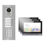 Hikvision PoE Video-Türsprechanlage 3-Familienhaus – Komplett-Set mit Zahlencode, DS-KH8381-WTE1, Unterputz – Türstation und Innenstation