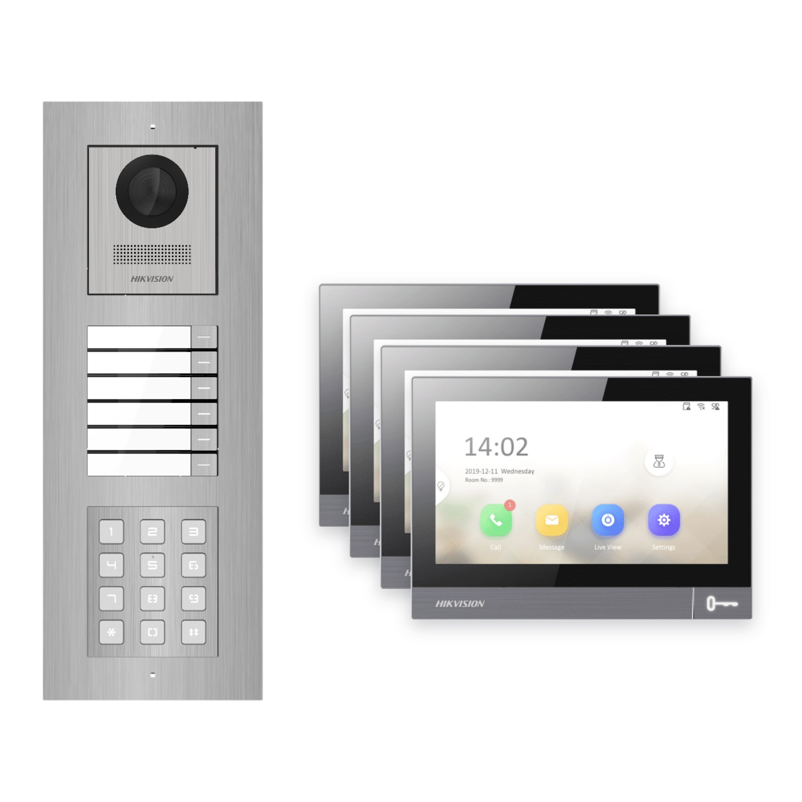 Hikvision PoE Video-Türsprechanlage 4-Familienhaus – Komplett-Set mit Zahlencode, DS-KH8381-WTE1, Unterputz Hikvision PoE Video-Türsprechanlage 4-Familienhaus – Komplett-Set mit Zahlencode, DS-KH8381-WTE1, Unterputz – Türstation und Innenstation