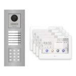 Hikvision PoE Video-Türsprechanlage 4-Familienhaus – Komplett-Set mit Zahlencode, DS-KH9310-WTE1(B), Unterputz – Türstation und Innenstation