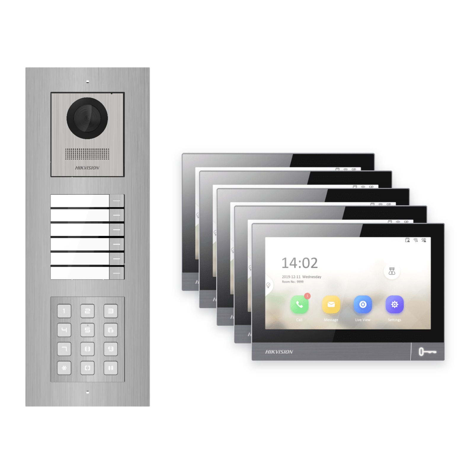 Hikvision PoE Video-Türsprechanlage 5-Familienhaus – Komplett-Set mit Zahlencode, DS-KH8381-WTE1, Unterputz Hikvision PoE Video-Türsprechanlage 5-Familienhaus – Komplett-Set mit Zahlencode, DS-KH8381-WTE1, Unterputz – Türstation und Innenstation