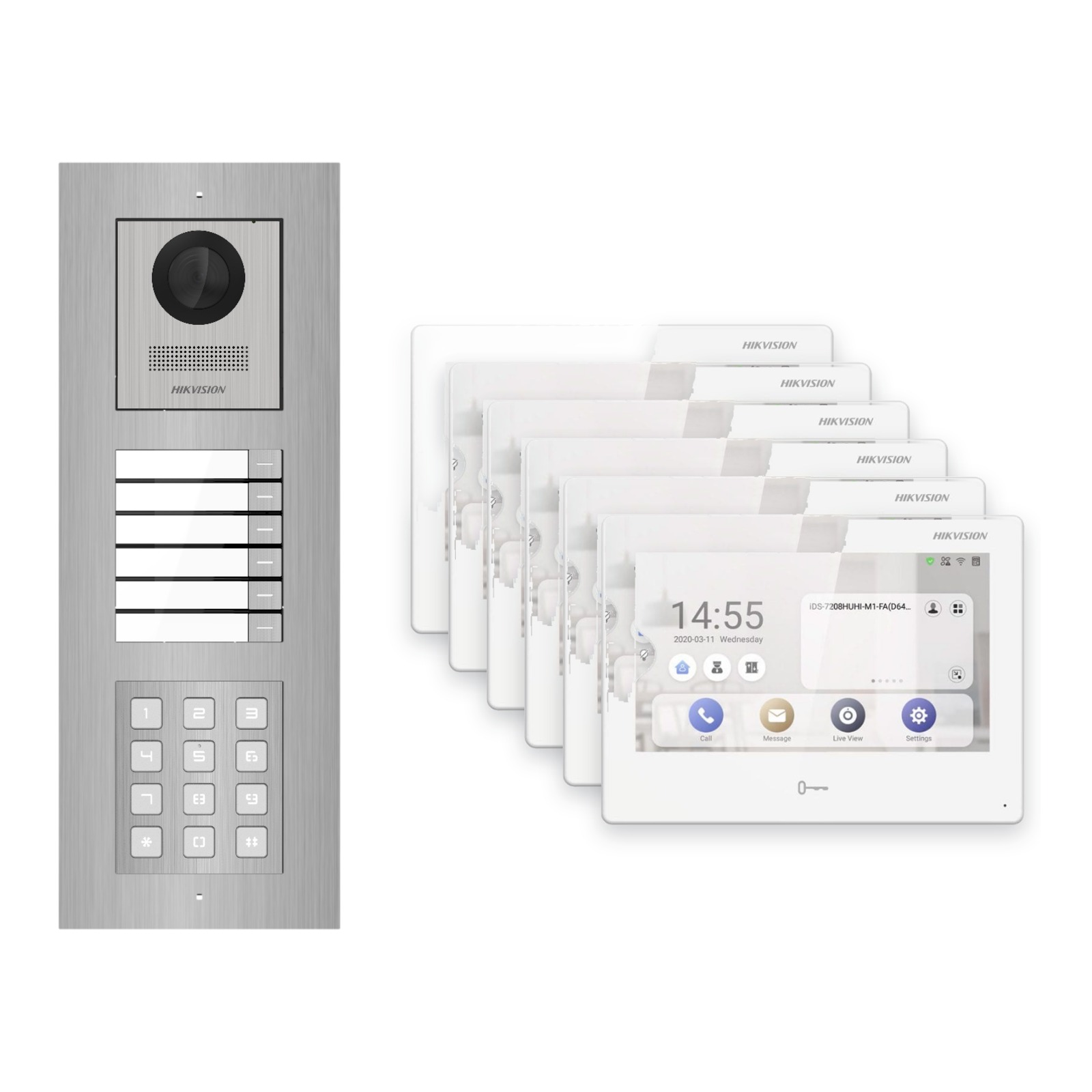 Hikvision PoE Video-Türsprechanlage 6-Familienhaus – Komplett-Set mit Zahlencode, DS-KH9310-WTE1(B), Unterputz Hikvision PoE Video-Türsprechanlage 6-Familienhaus – Komplett-Set mit Zahlencode, DS-KH9310-WTE1(B), Unterputz – Türstation und Innenstation