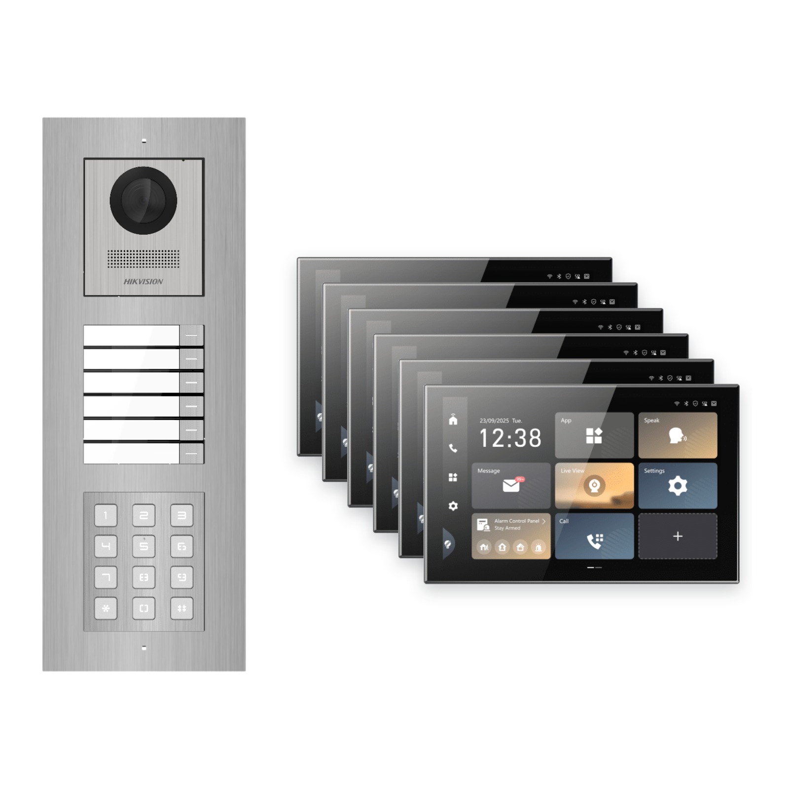 Hikvision PoE Video-Türsprechanlage 6-Familienhaus – Komplett-Set mit Zahlencode, DS-KH9570-WTE1/S, Unterputz Hikvision PoE Video-Türsprechanlage 6-Familienhaus – Komplett-Set mit Zahlencode, DS-KH9570-WTE1/S, Unterputz – Türstation und Innenstation