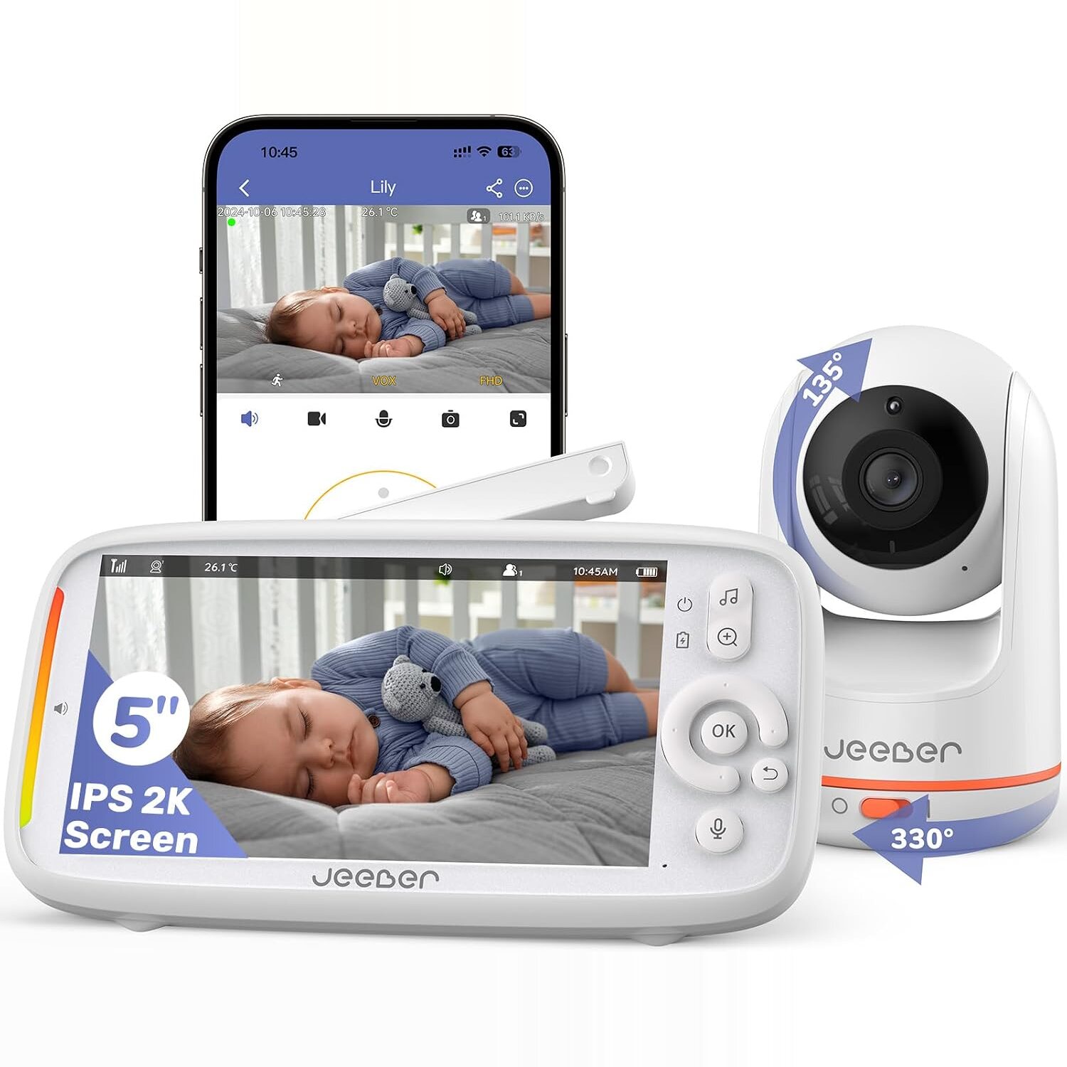 jeeber VB805Pro Babyphone: 5-Zoll-IPS-2K-Monitor, schwenkbare Kamera und FeelBaby-App