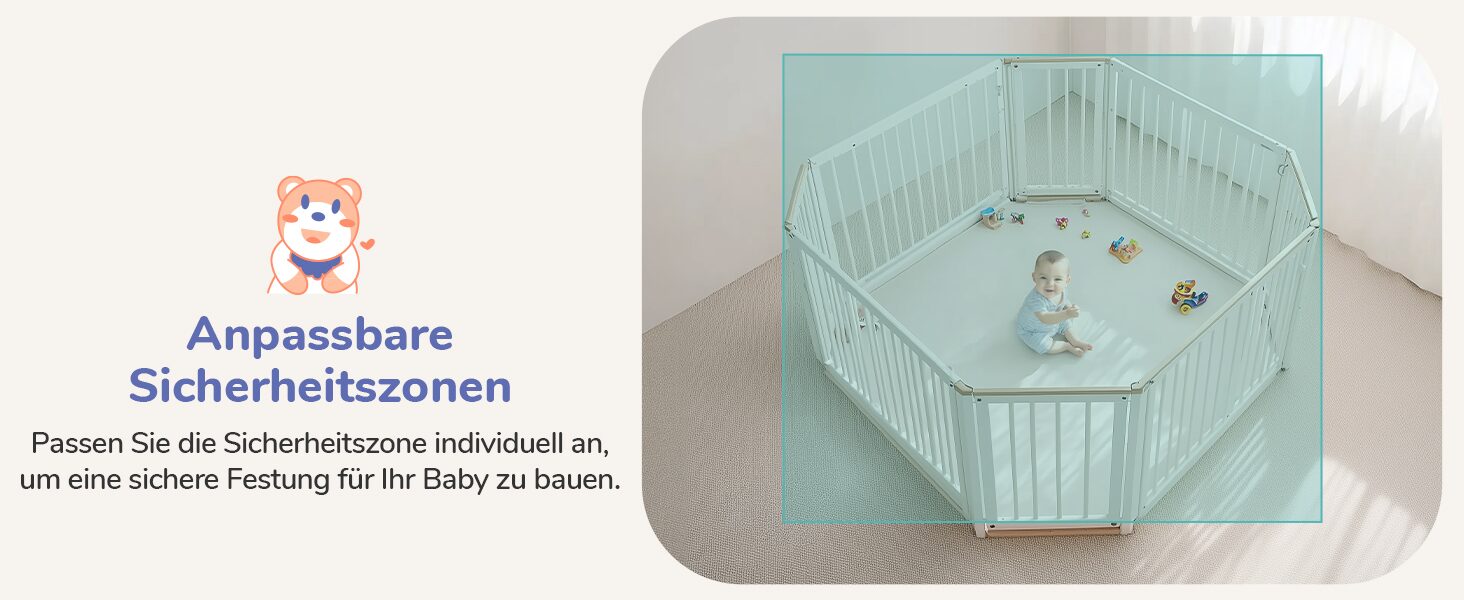 Individuell einstellbare Sicherheitszone um den Laufgitterbereich des Babys