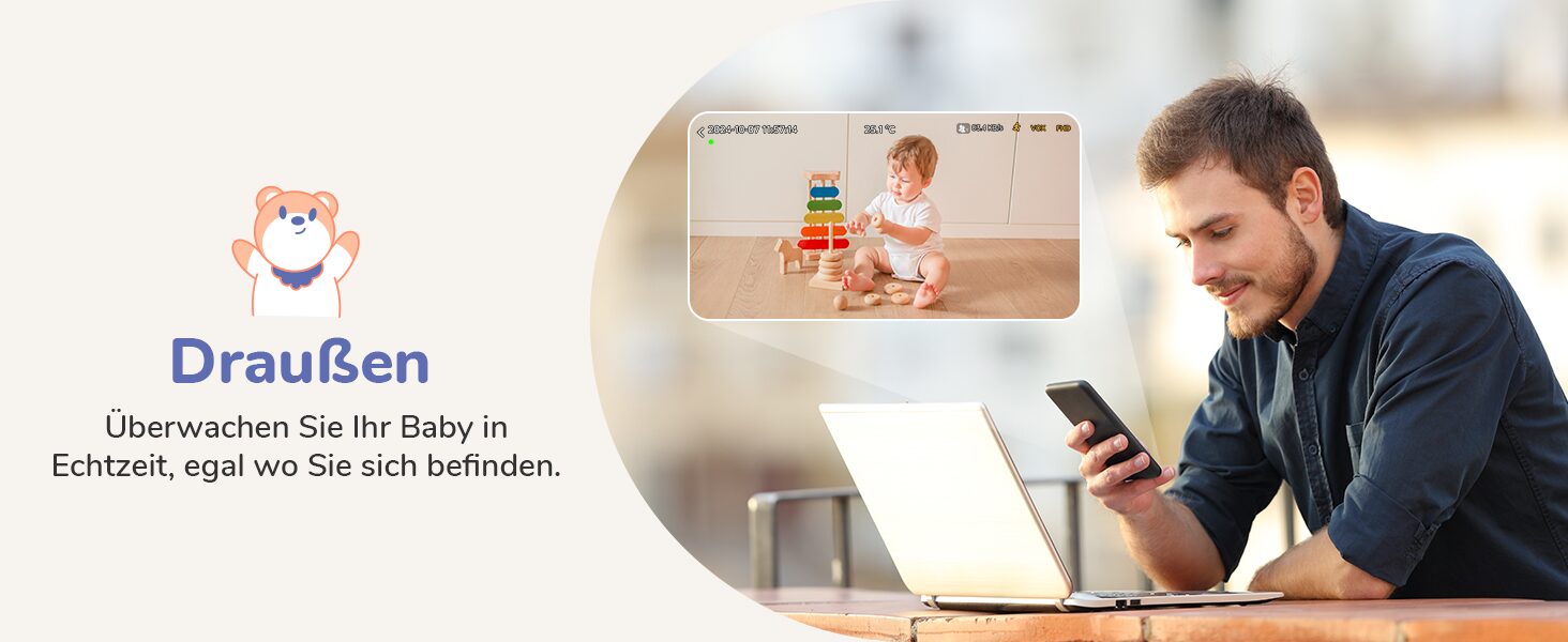 Vater ueberwacht sein Baby unterwegs per FeelBaby-App auf dem Smartphone