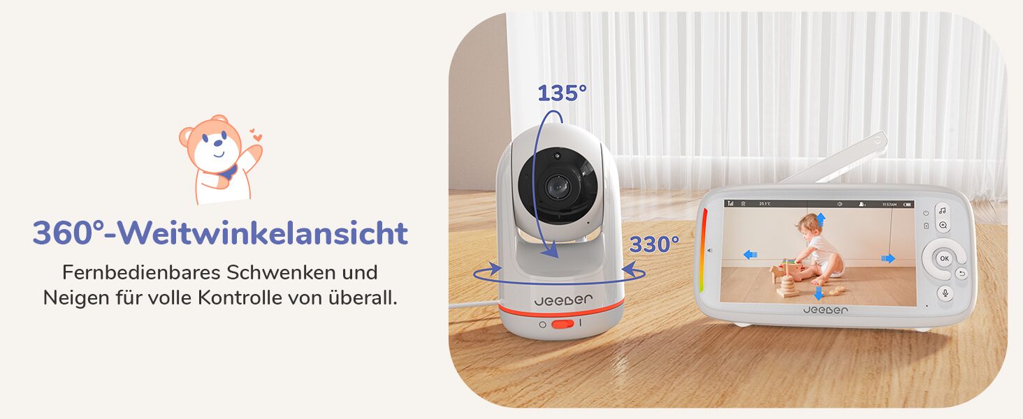 Fernbedienbares Schwenken um 330 Grad und Neigen um 135 Grad, gesteuert per Monitor oder App