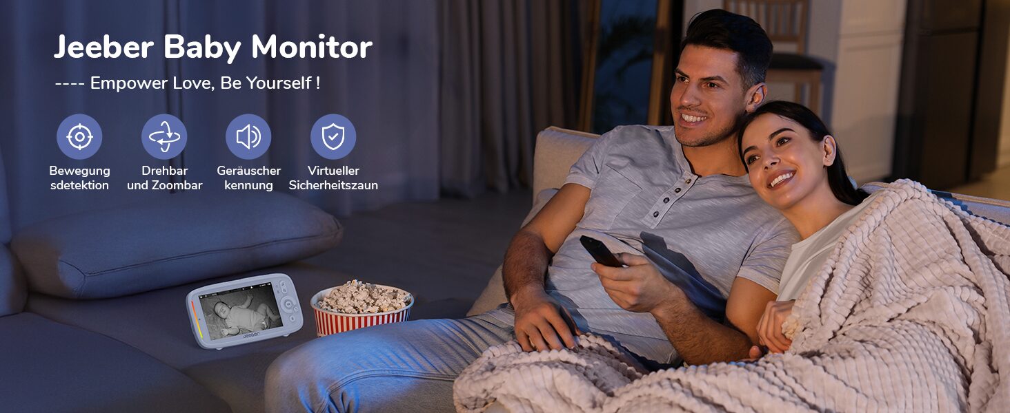 jeeber Baby Monitor: Bewegungsdetektion, drehbar und zoombar, Geraeuscherkennung, virtueller Sicherheitszaun
