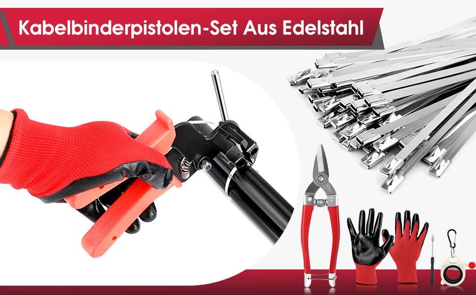 Kabelbinderzange aus Metall im Einsatz an einem Rohr, daneben Edelstahl-Kabelbinder, Schere, Handschuhe, Lösewerkzeug und Organizer