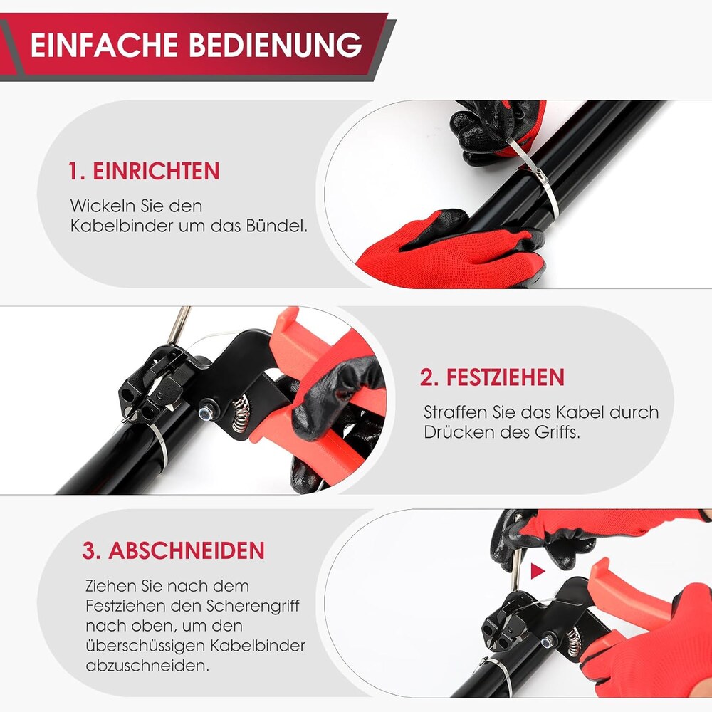Bedienung des Kabelbinder-Werkzeugsets in drei Schritten: einrichten, festziehen, abschneiden