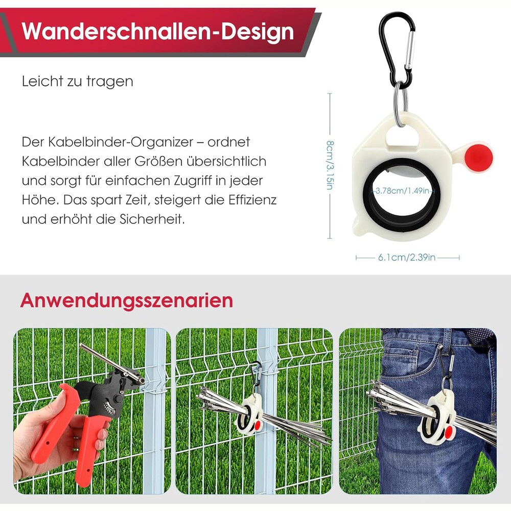 Kabelbinder-Organizer mit Karabiner am Gürtel und am Zaun, dazu Anwendungsbeispiele am Gitterzaun
