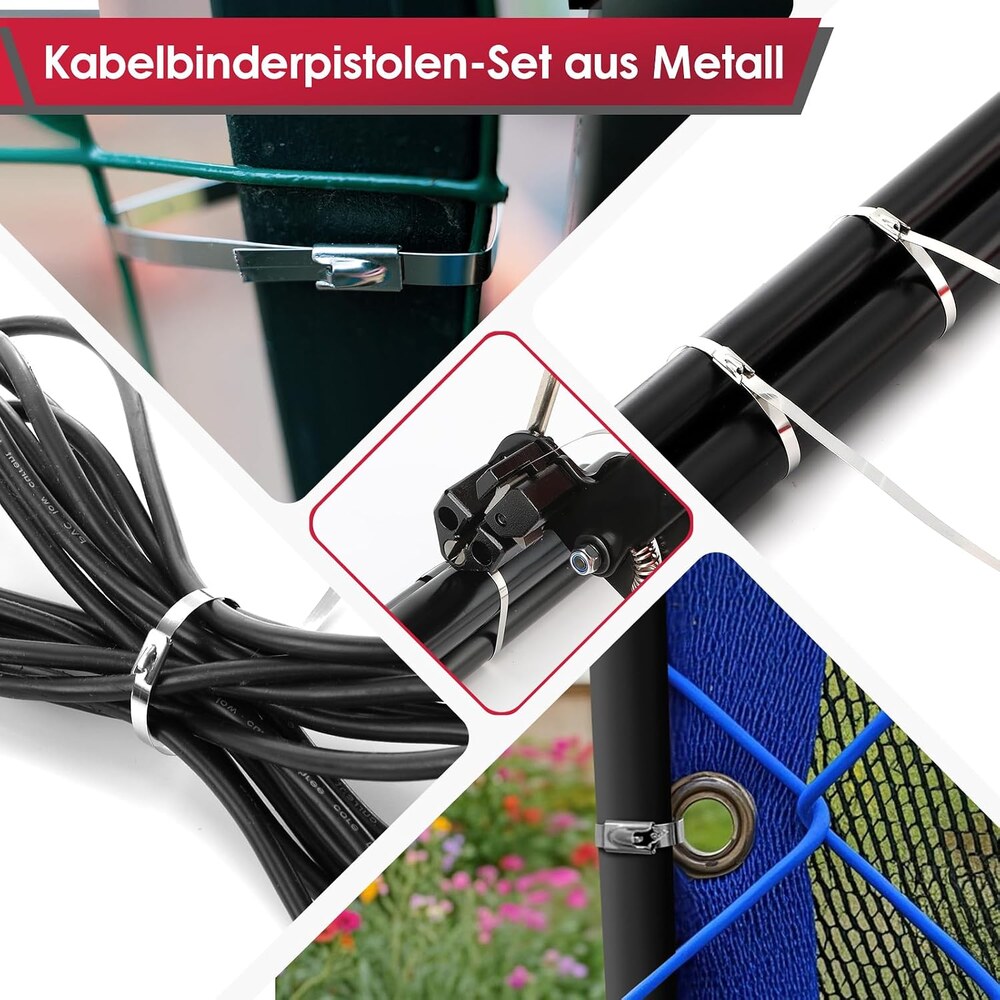 Edelstahl-Kabelbinder am Zaunpfosten, um ein Kabelbündel, an einem Rohr und an einem Zaunnetz