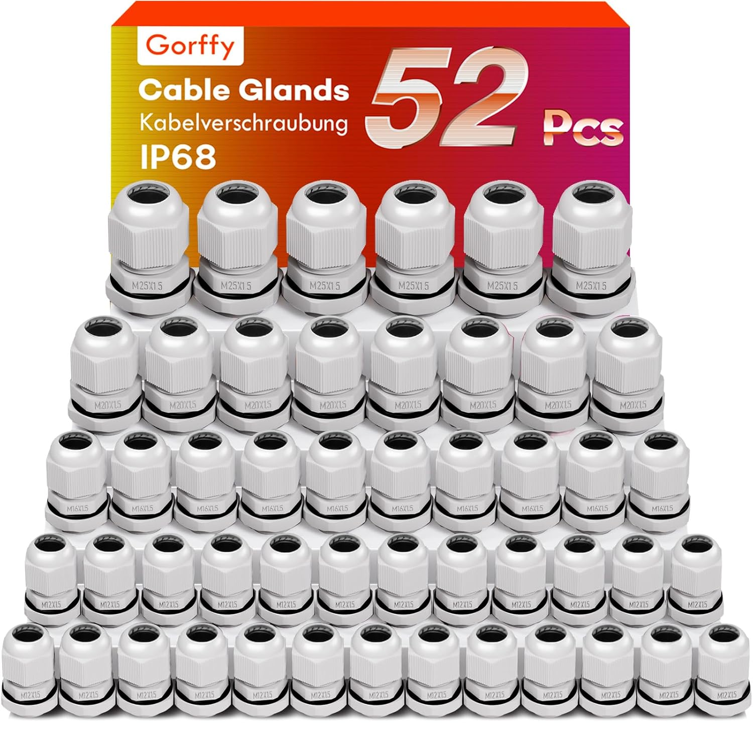 Kabelverschraubung-Set 52 Stueck IP68 52 weisse Kabelverschraubungen IP68 in den Groessen M12, M16, M20 und M25 aufgestellt