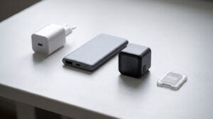 USB-Ladegeraet, Powerbank, kleine Kamera und Speicherkarte nebeneinander auf einem Schreibtisch