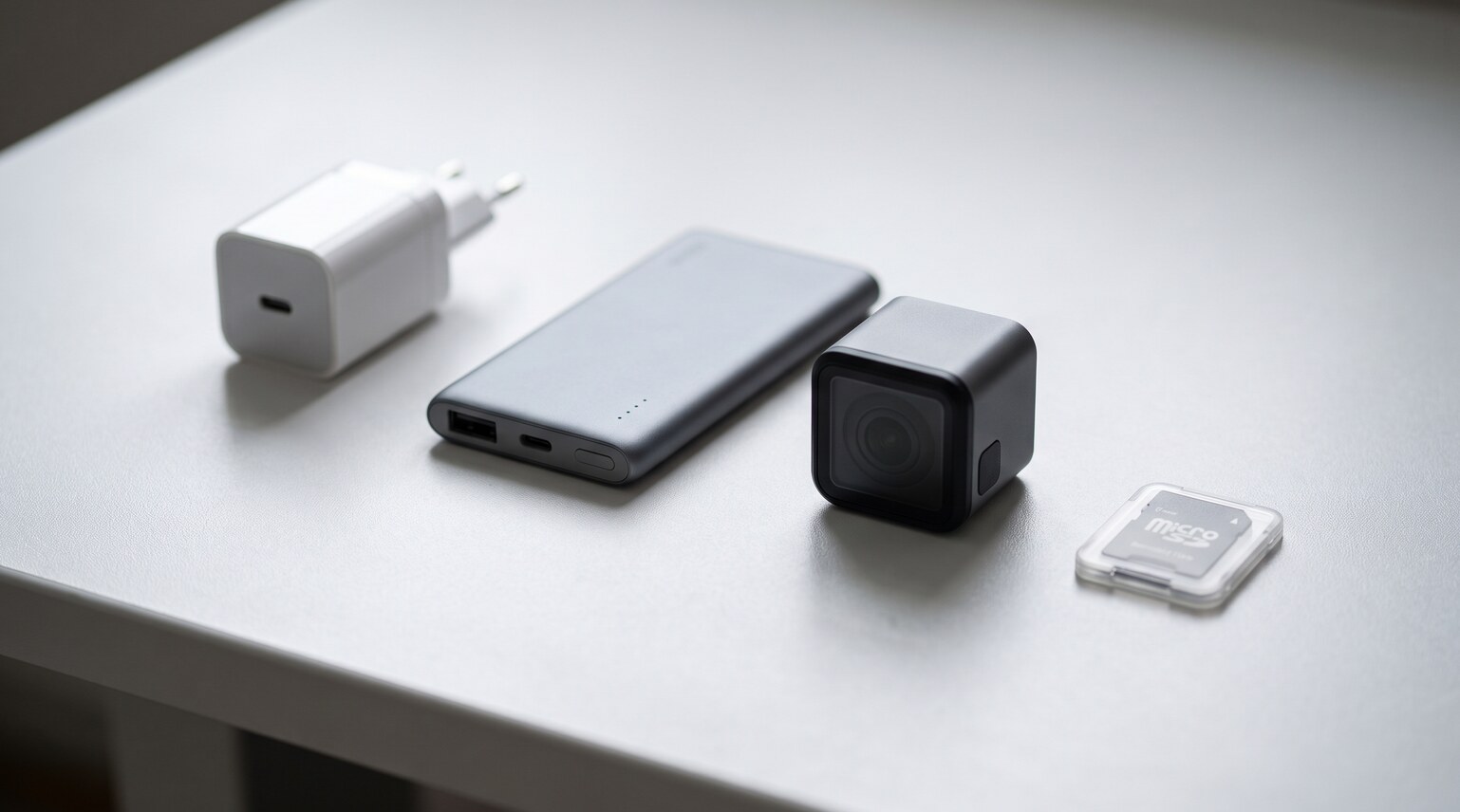 USB-Ladegeraet, Powerbank, kleine Kamera und Speicherkarte nebeneinander auf einem Schreibtisch