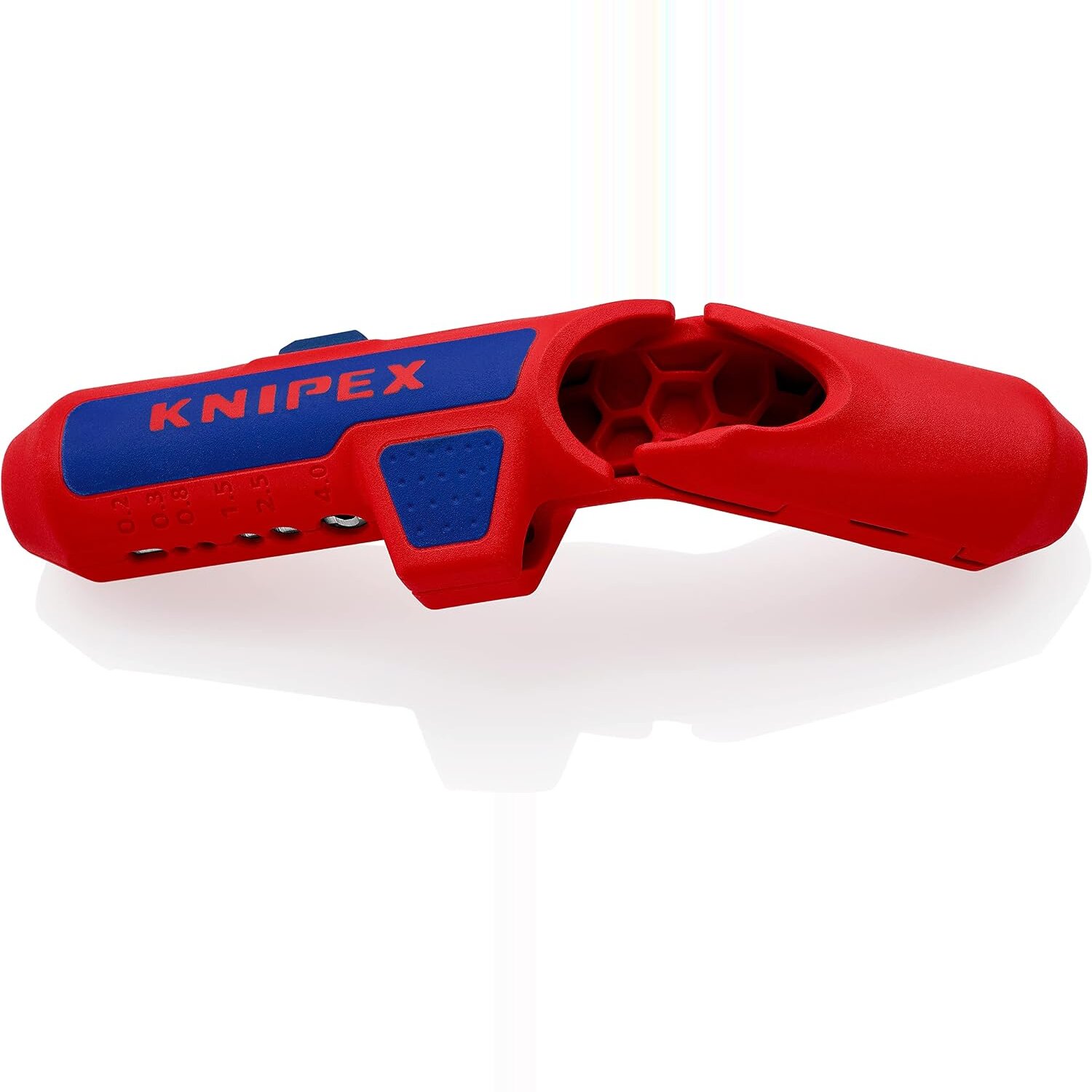 KNIPEX ErgoStrip 16 95 01 Universal-Abmantelungswerkzeug in Rot und Blau, Seitenansicht
