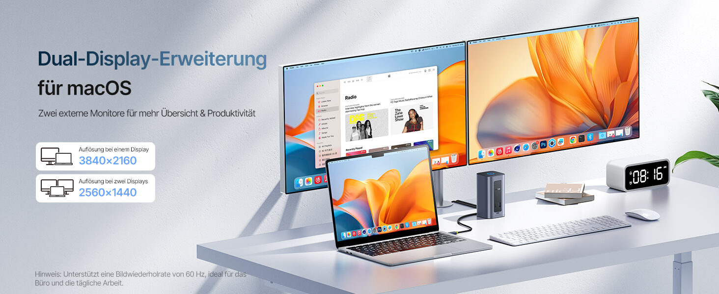 macOS-Version mit zwei externen Monitoren: 3840 mal 2160 bei einem Display, 2560 mal 1440 bei zwei Displays