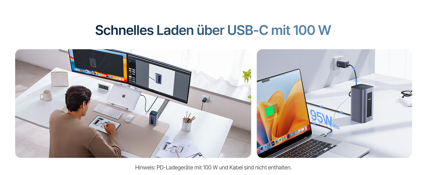 Mit einem 100-W-Netzteil: 90 W Ladeausgang bei einem belegten USB-Anschluss, 75 W wenn alle belegt sind