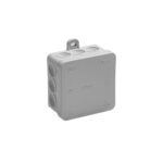 Grauer Aufputz-Abzweigkasten 85 x 85 x 37 mm mit Praegung VDE, CE, IP 54 und 400 V sowie seitlicher Befestigungslasche