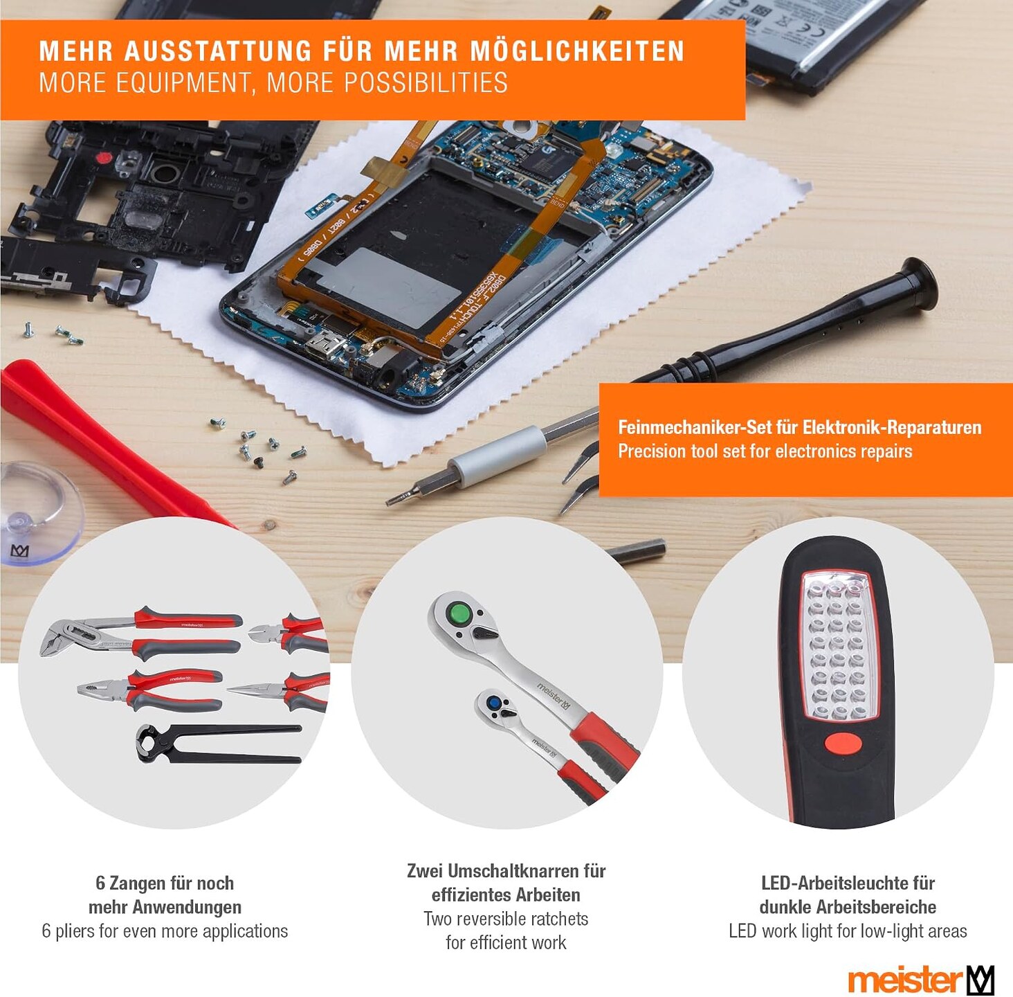 Mehr Ausstattung: Feinmechaniker-Set für Elektronik-Reparaturen, sechs Zangen, zwei Umschaltknarren und LED-Arbeitsleuchte