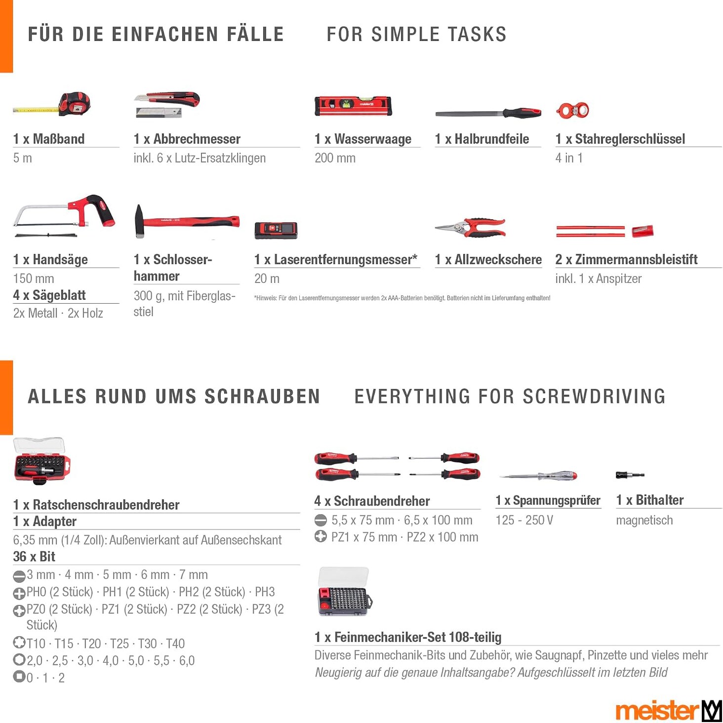 Bestückungsliste des Herstellers: Massband, Abbrechmesser, Wasserwaage, Halbrundfeile, Handsäge, Schlosserhammer, Laser-Entfernungsmesser und Allzweckschere
