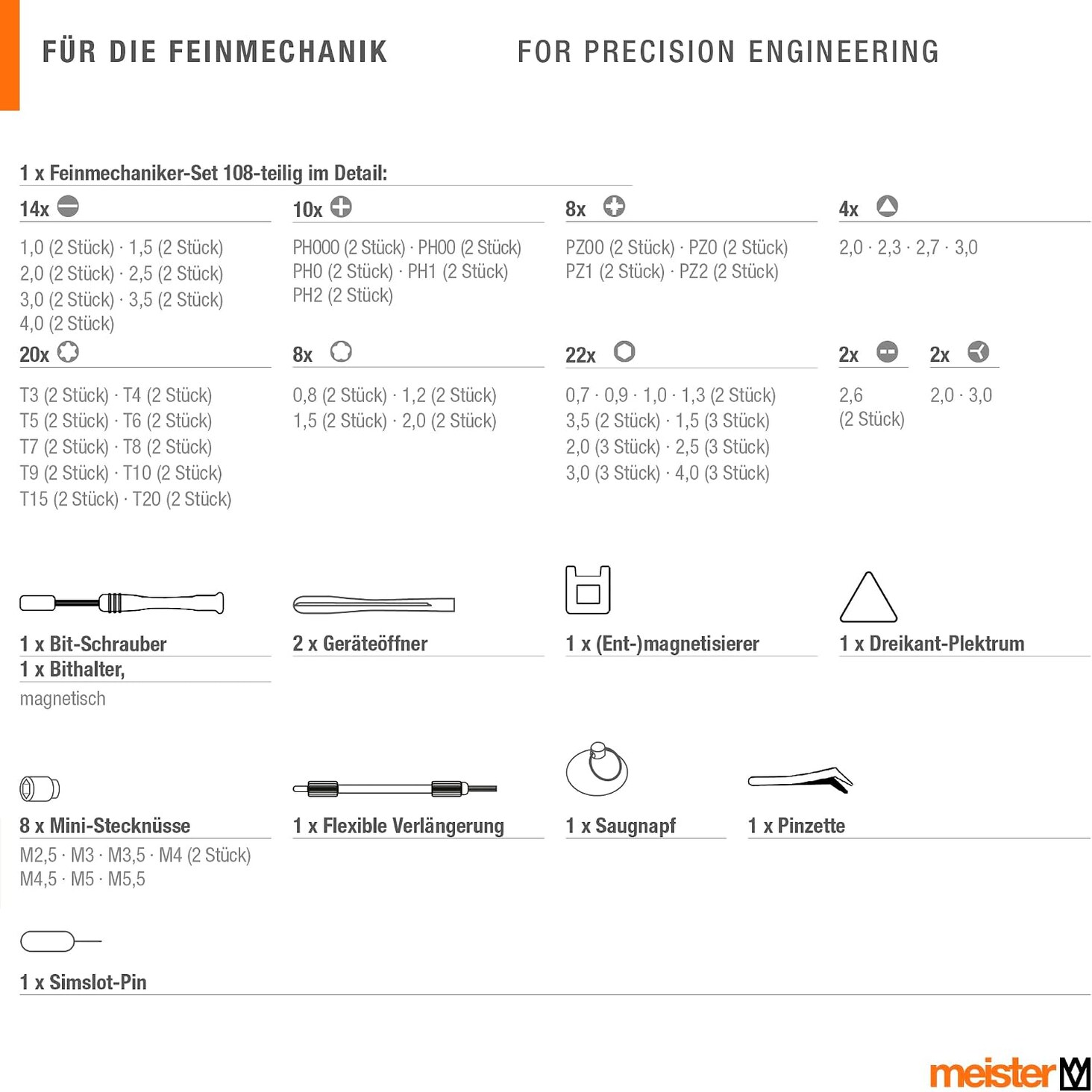 Feinmechaniker-Set 108-teilig im Detail: 90 Präzisions-Bits, 8 Mini-Stecknüsse, Bithalter, flexible Verlängerung, Pinzette, Magnetisierer und Geräteöffner