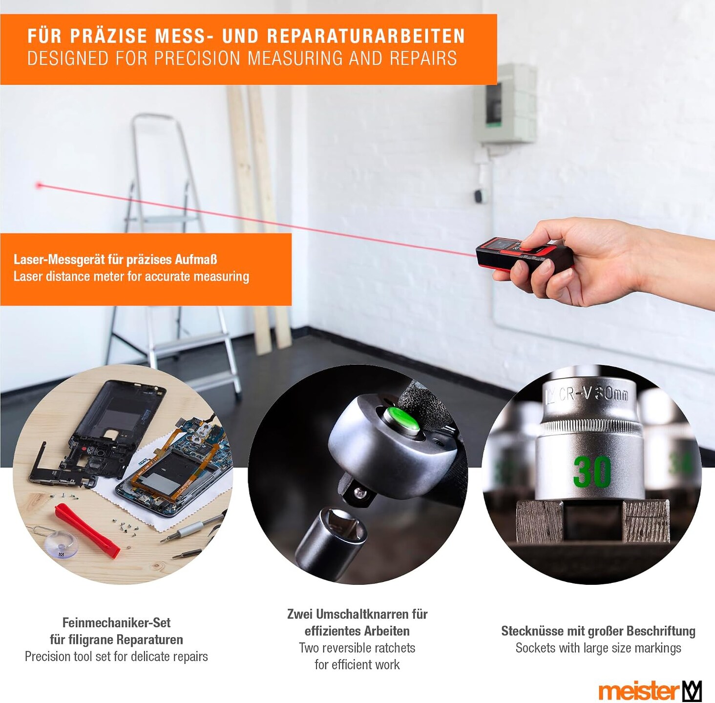 Für präzise Mess- und Reparaturarbeiten: Laser-Entfernungsmesser, Feinmechaniker-Set, zwei Umschaltknarren und Stecknüsse mit grosser Beschriftung