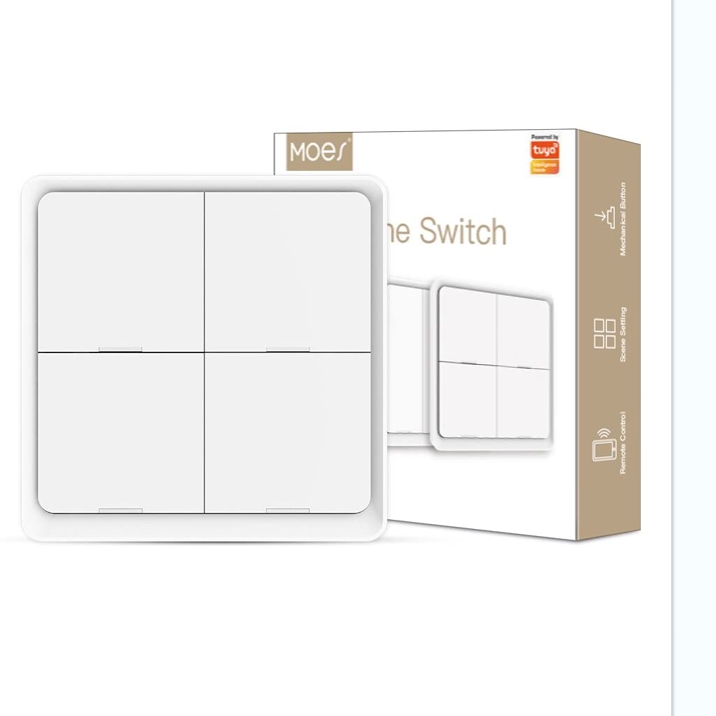 MOES ZigBee Szenenschalter weiss Weisser MOES ZigBee Szenenschalter mit vier Tasten neben seiner Verpackung