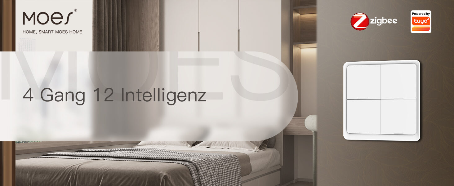 Werbebanner des Herstellers mit dem Schalter im Schlafzimmer und dem Hinweis 4 Gang 12 Intelligenz