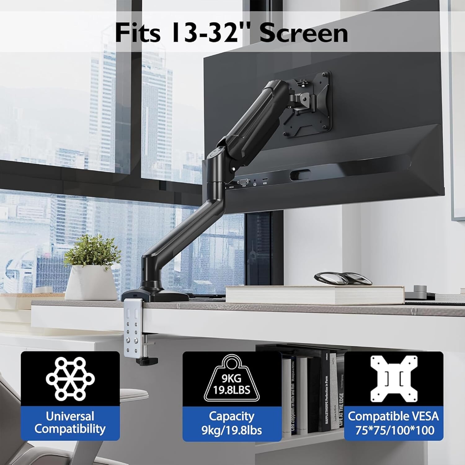 Monitorarm am Schreibtisch mit Angaben 13 bis 32 Zoll, 9 kg Tragkraft und VESA 75x75 sowie 100x100