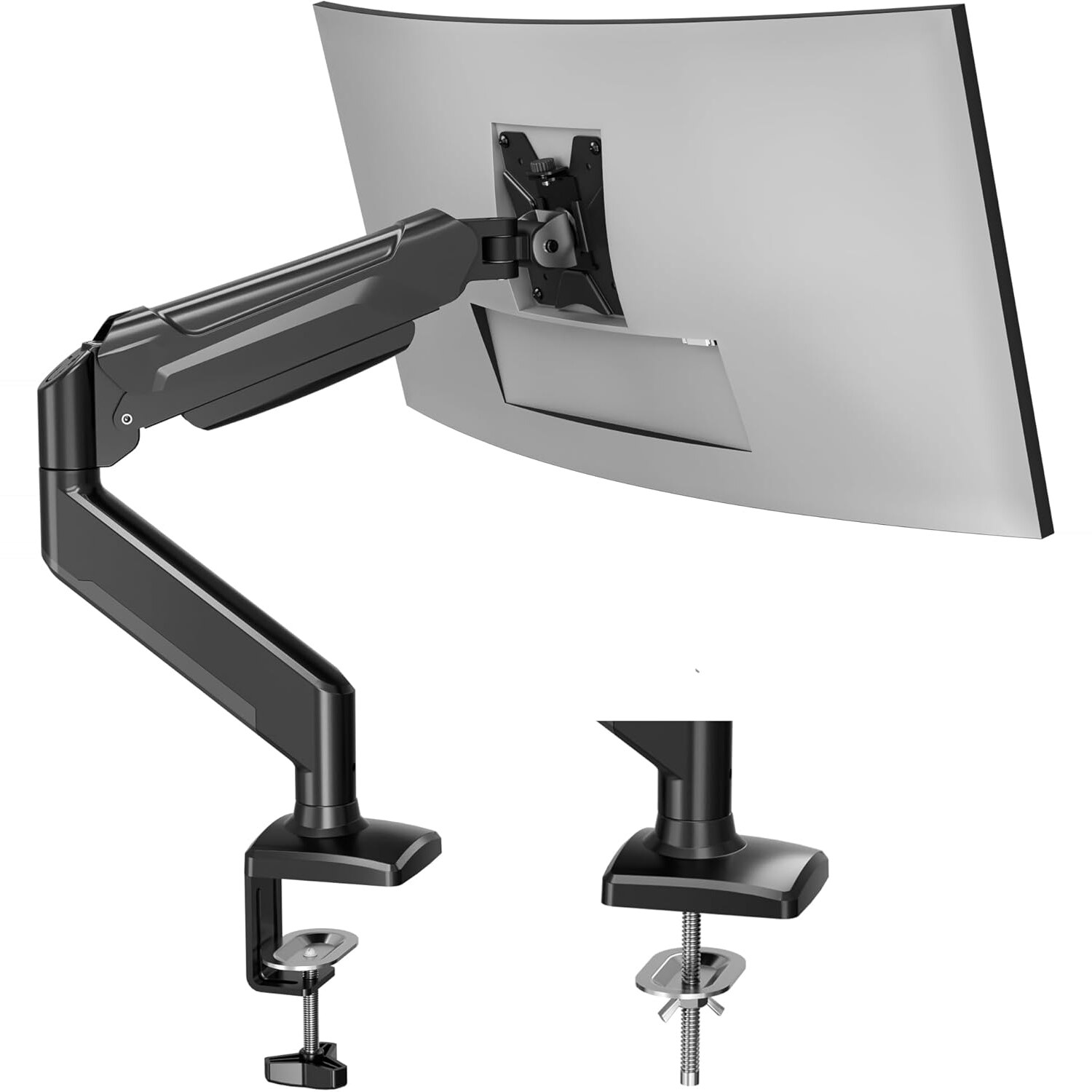 Monitorarm mit Gasfeder, Einzelarm Schwarzer Monitorarm mit Gasfeder und Tischklemme, daran ein Curved-Monitor