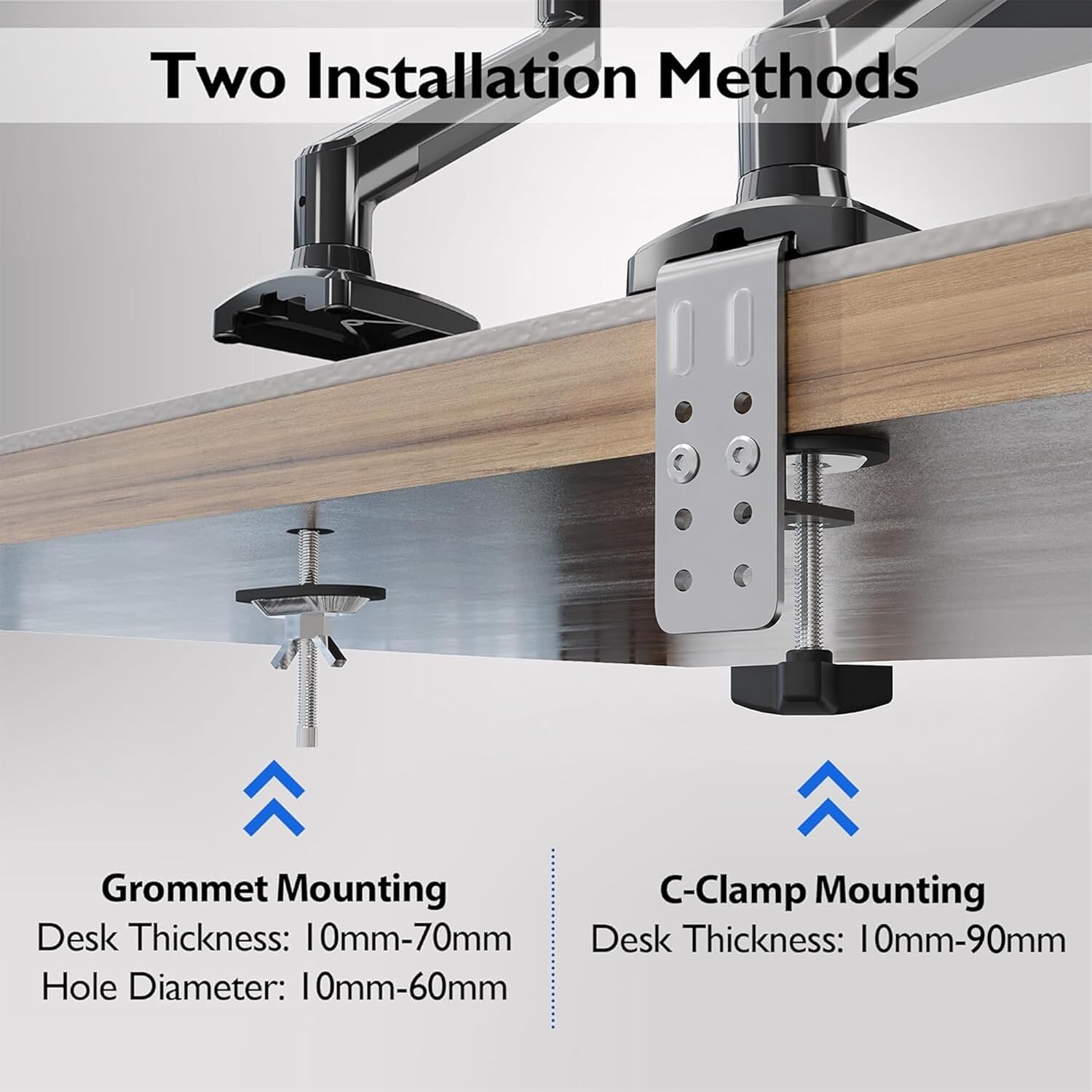 Zwei Montagearten im Schnitt: Tuellenmontage fuer Tischplatten 10 bis 70 mm und C-Klemme fuer 10 bis 90 mm