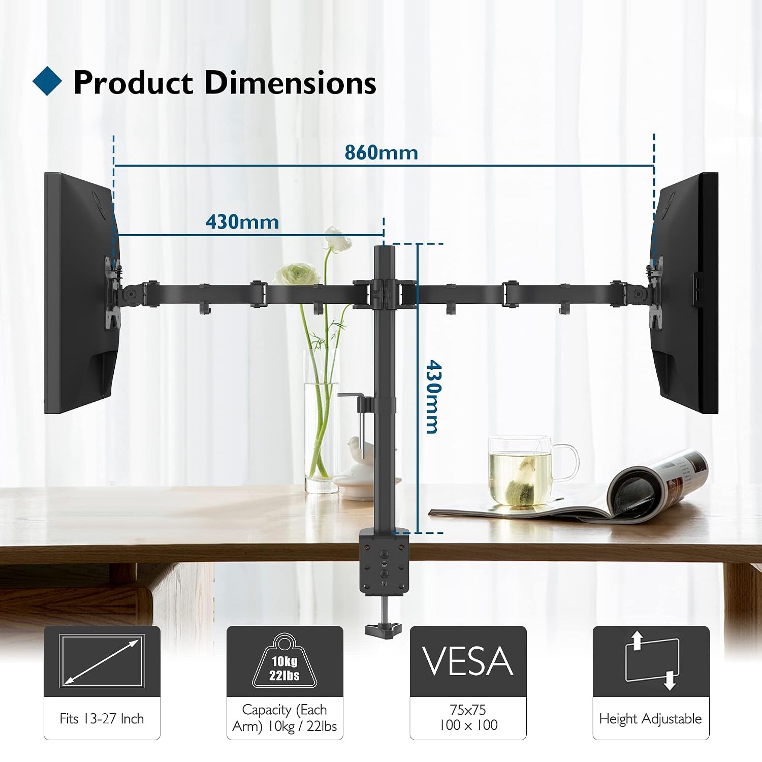 Massangaben: Gesamtbreite 860 mm, Armreichweite 430 mm, Hoehe 430 mm, fuer 13 bis 27 Zoll und 10 kg pro Arm